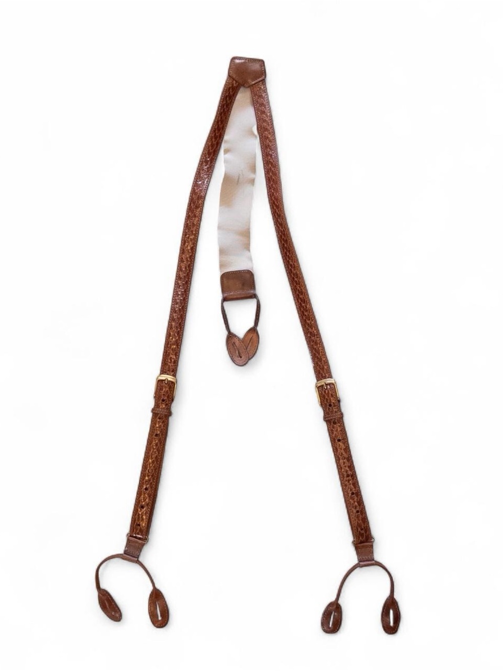 Vintage Torino Leather Suspenders Brown Croc Embossed Button Braces Made in USA